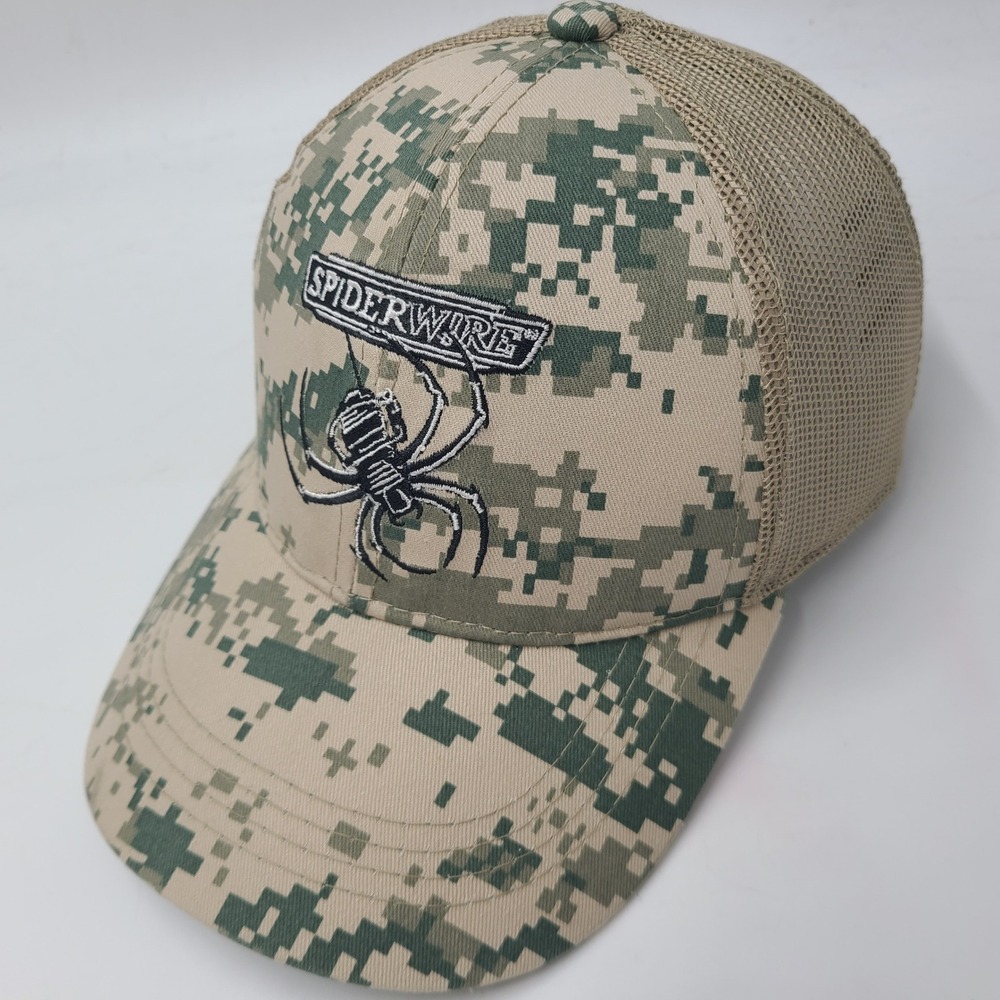 SpiderWire Hat Adjustable Trucker Mesh Digital Camo Beige Green Fishing Line Men
